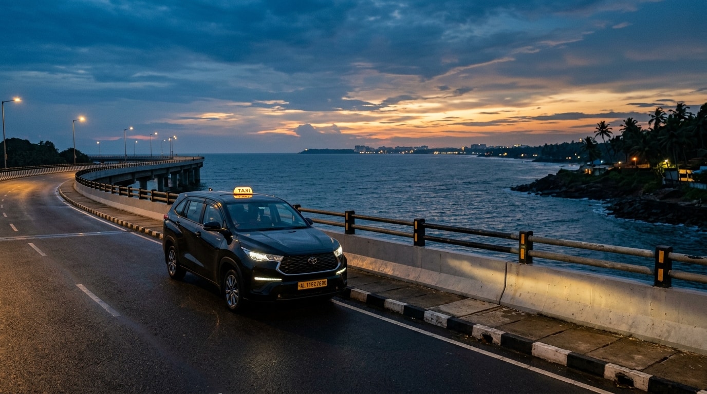 Blessing Taxi on scenic coastal highway at sunset in Calicut